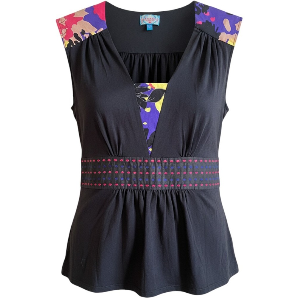 Plenty by Tracy Reese Black Floral V-Neck Sleeveless Top Embroidered Waist M